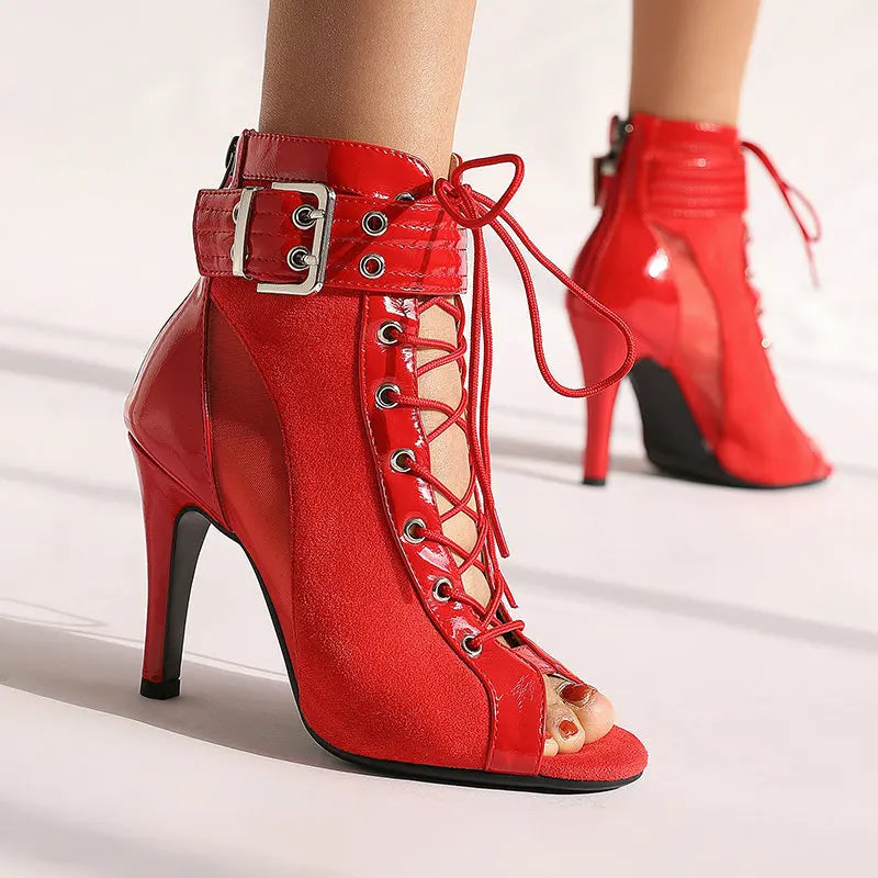 Red open toe lace up heels 2025