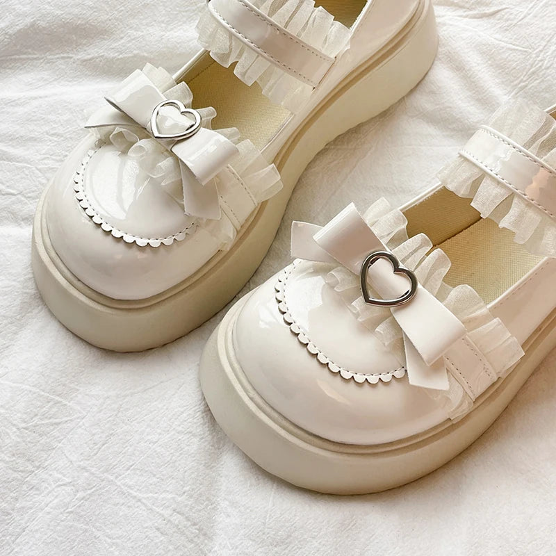 White Heart Bow Mary Jane Platform Shoes on Luulla