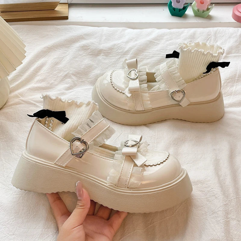 White Heart Bow Mary Jane Platform Shoes on Luulla