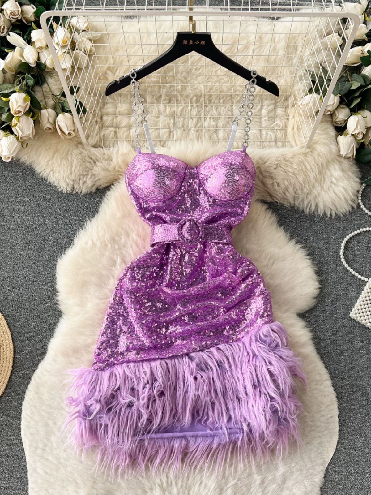 Spaghetti Strap Sequin Purple Party Dress