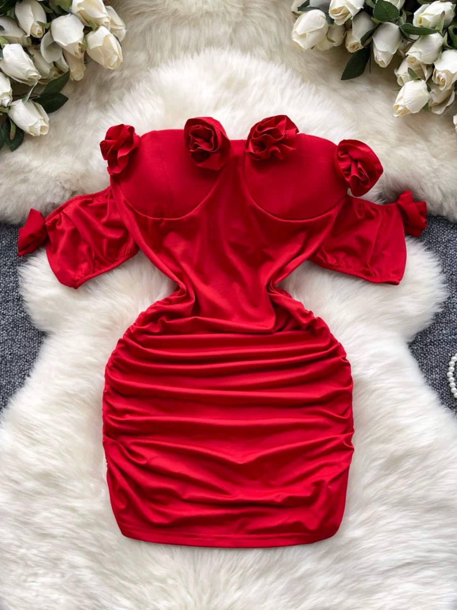 Sexy Flower Red Dress, Pleated Off Shoulder Bodycon Dress