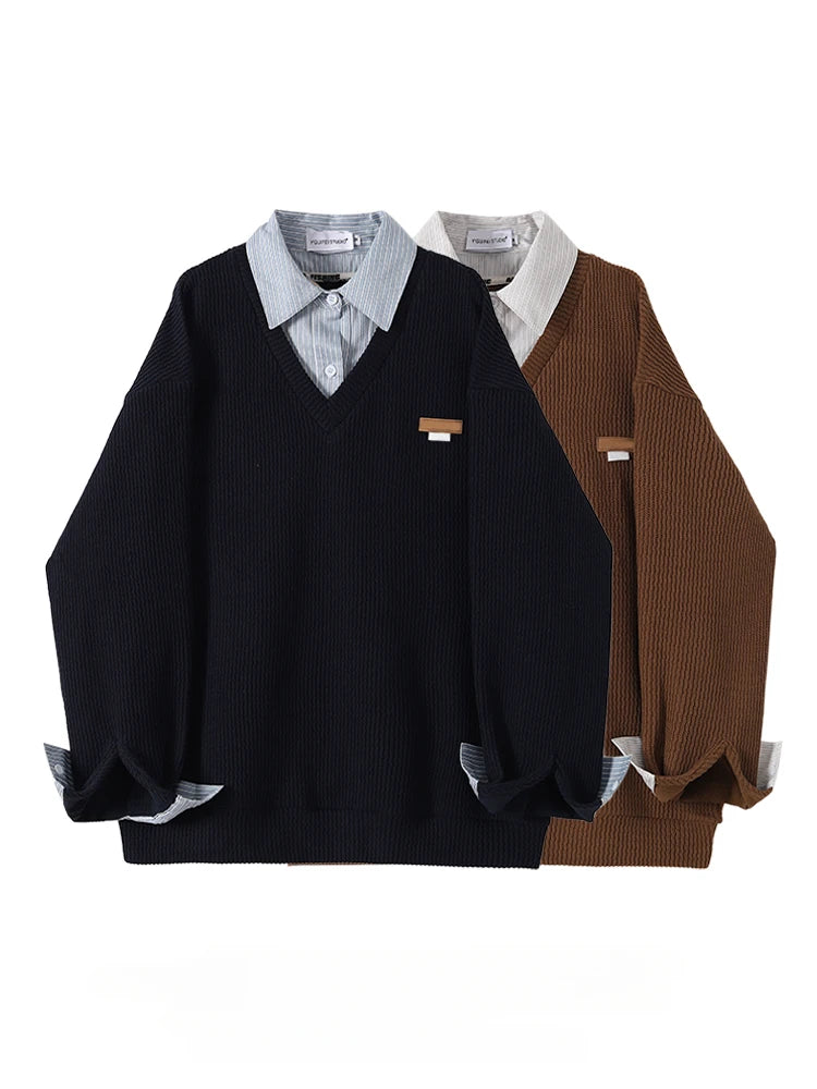 Oversized Layered Knit Sweater With Collared Shirt on Luulla