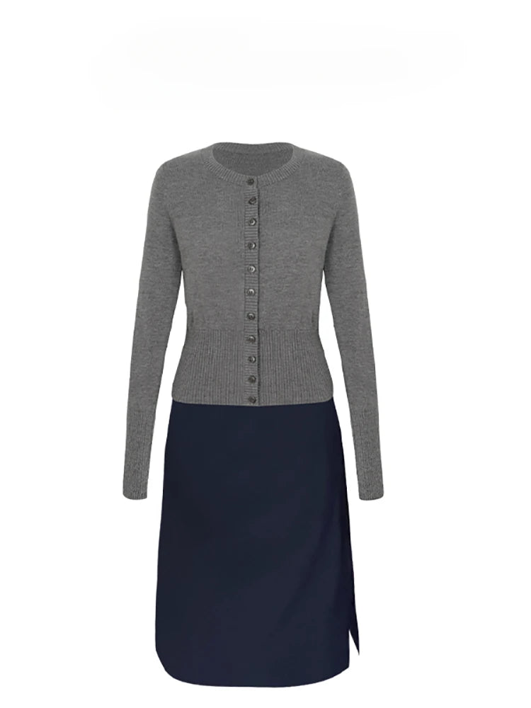 Grey Knit Cardigan with Black Dress Combo