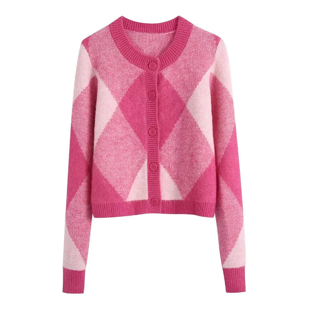 Cozy Pink Argyle Knit Button-up Cardigan Sweater