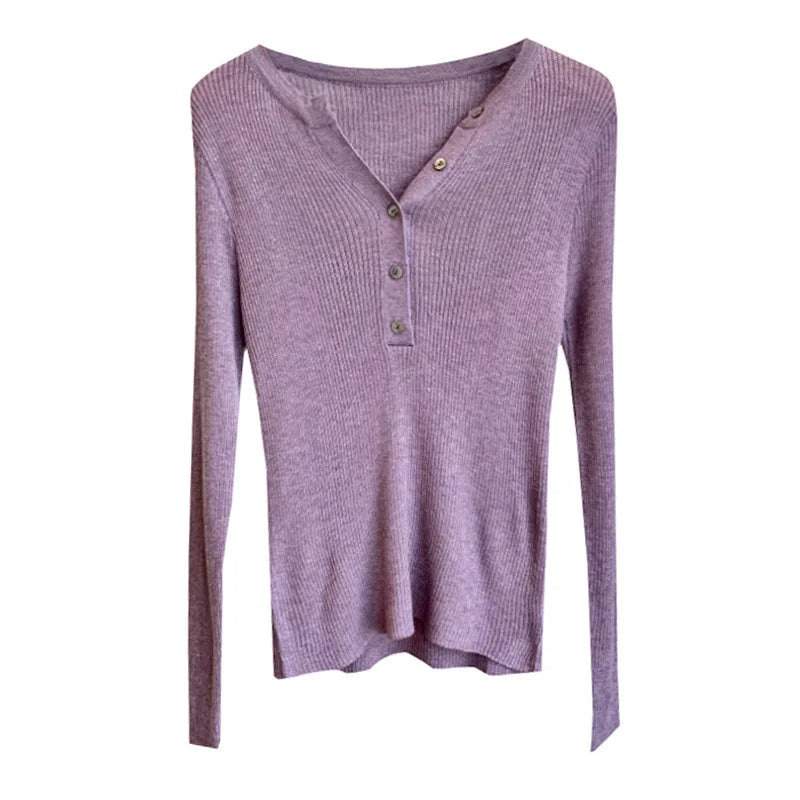 Welove Prom Womens Lilac Ribbed V Neck Button Sweater