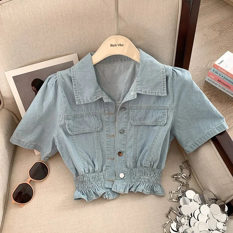 Casual Outfit Crop Denim Shirt Kwoki Women's Cropped Denim Shirt