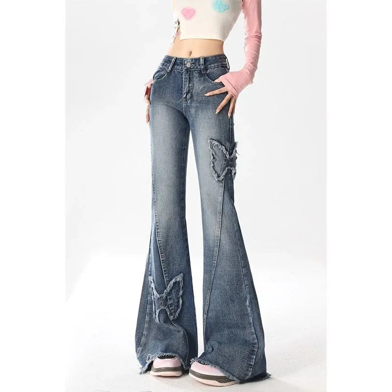 High-waisted Flared Jeans With Butterfly Appliqués