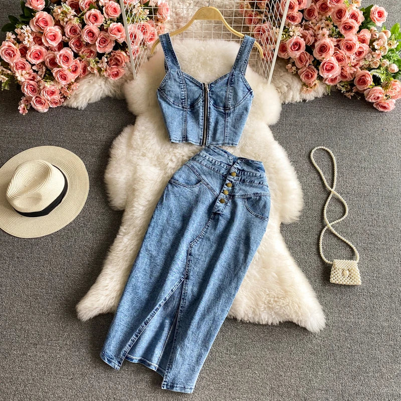 denim two piece dress Denim Two-piece Dress With Buttoned Skirt