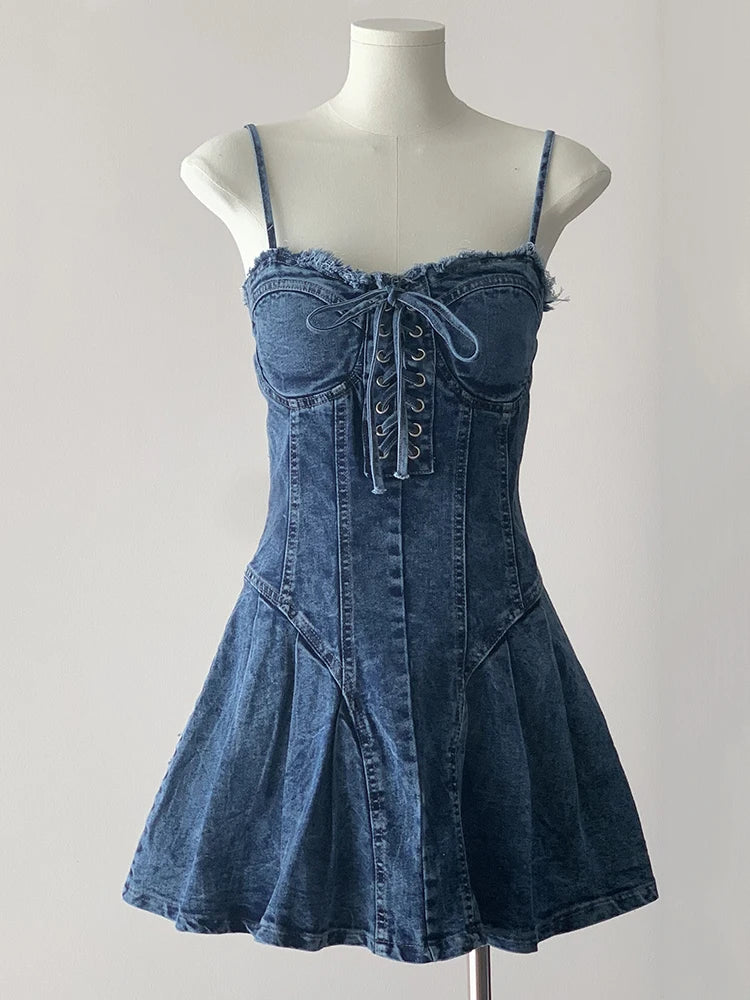 white christmas dresses Don't Try Me Lace Up Mini Dress Denim– Selfie Leslie main image 1