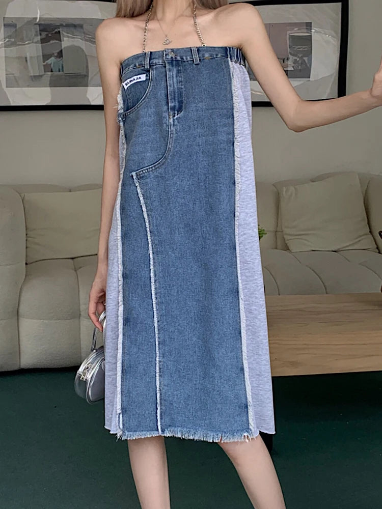 denim dress with fringe hem SHEIN BAE Split Sleeve Rhinestone Fringe Detail Button Front Denim Dress