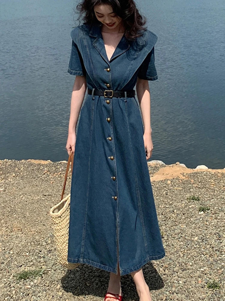 denim midi dress with pockets Alma Denim Midi Dress  Teal Poppy