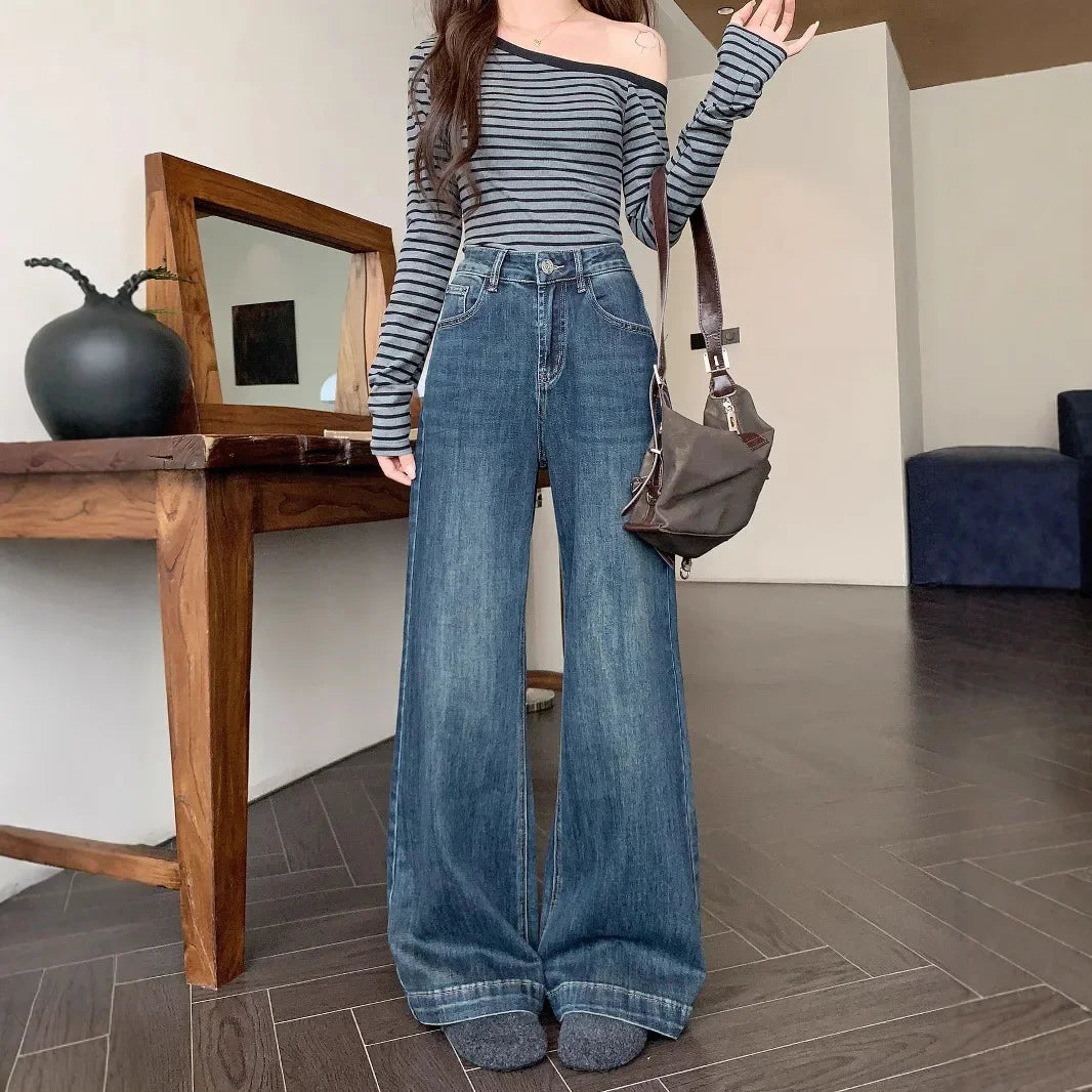 Off-shoulder Striped Top And Wide-leg Jeans