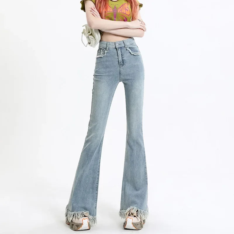 High-waisted Flared Denim Jeans With Fringe Hem on Luulla