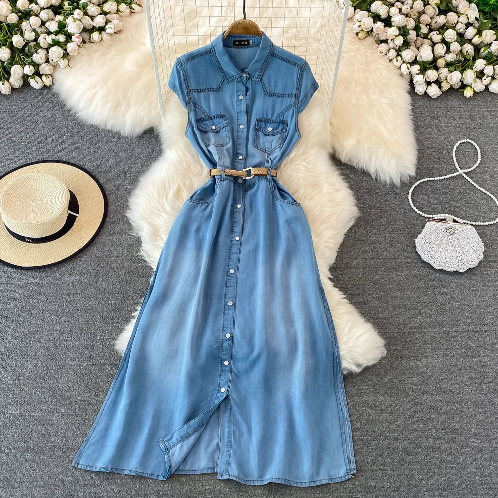 Sleeveless Denim Shirt Dress with Belted Waist