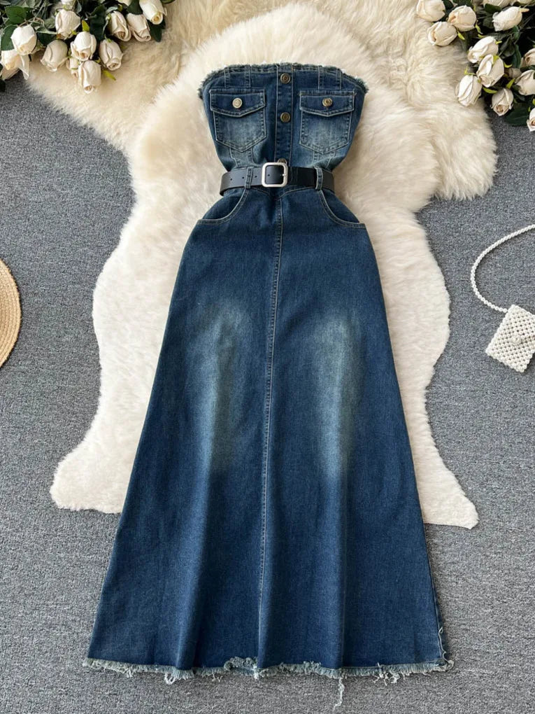 knee length dresses for ladies Strapless Denim Jean Midi Dress M main image 0