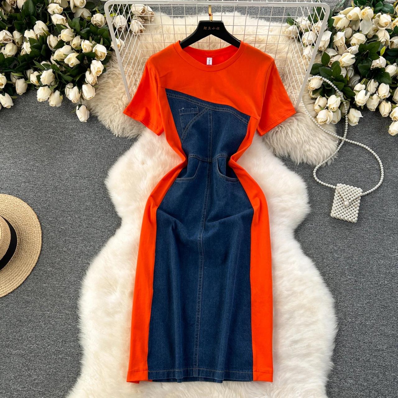 strapless open back dress Beige T-Shirt Dress with Red Pockets main image 1