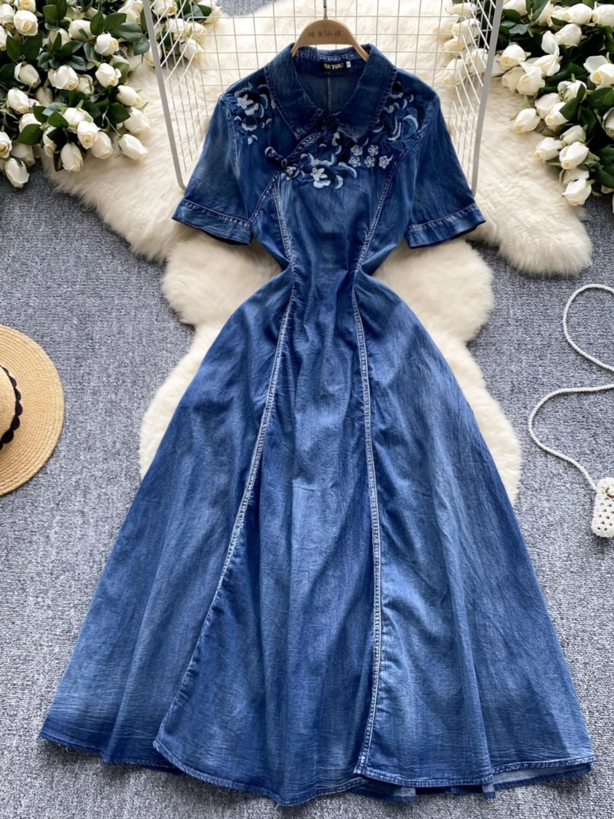 Embroidered Denim Midi Dress with Floral Design