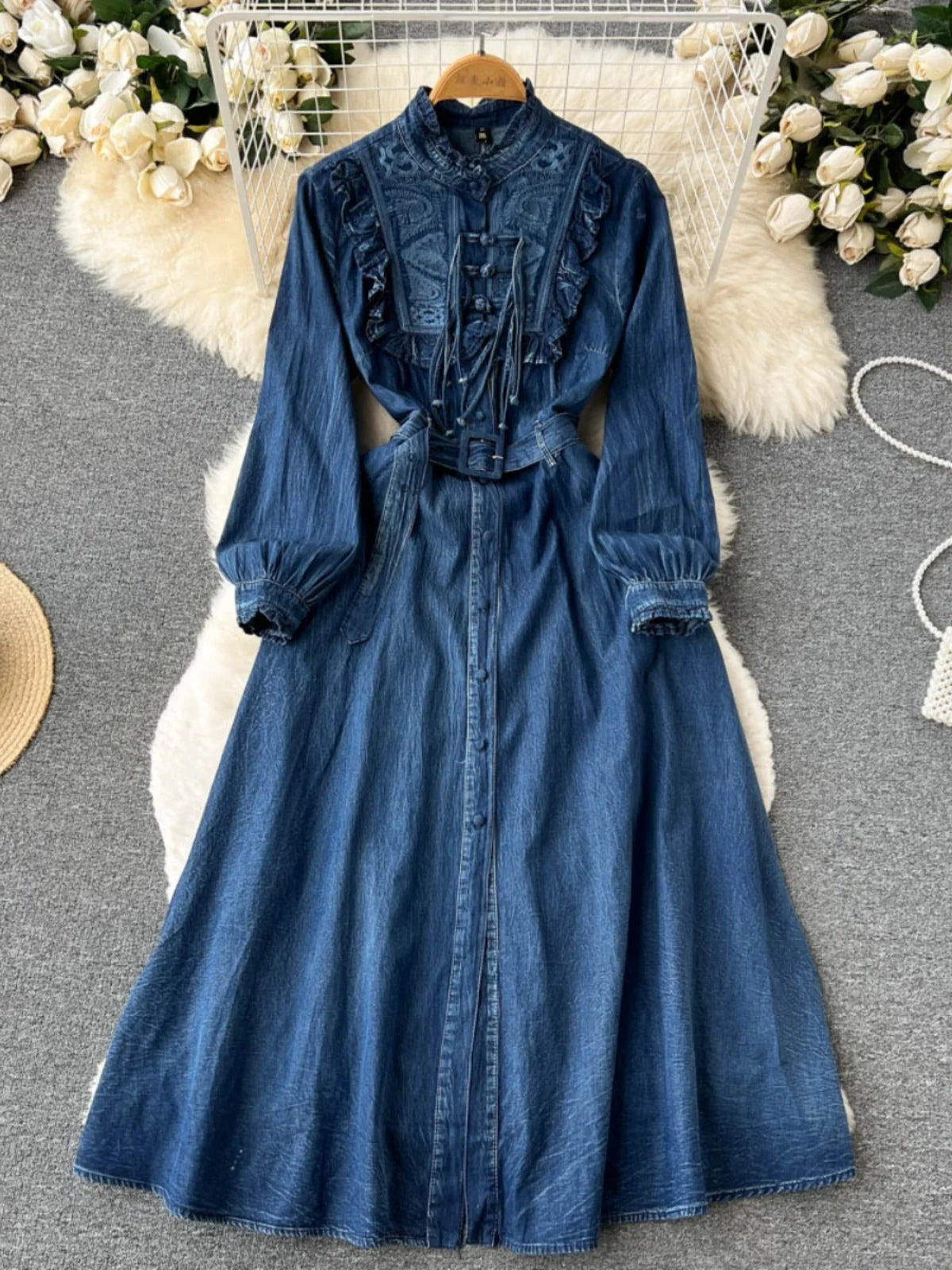 Denim Long Sleeve Embroidered Maxi Dress With Belt
