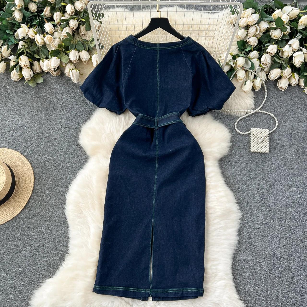 denim puff sleeve maxi dress Western Muse Puff Sleeve Maxi Dress in Denim Blue by Three Bird Nest
