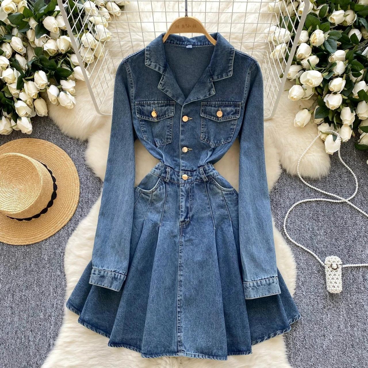 slim fit dress slacks Button Up Flounce Sleeve Mini Denim Dress Peacock Blue / XL