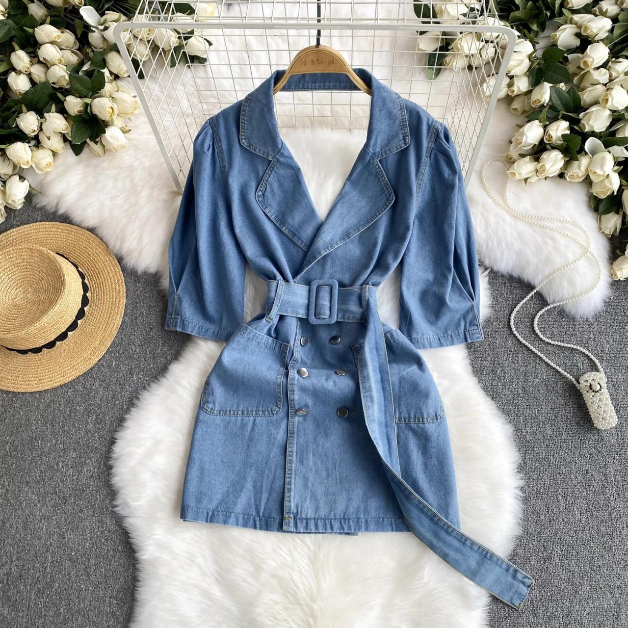 Denim Belted Mini Dress With Double Breasted Buttons