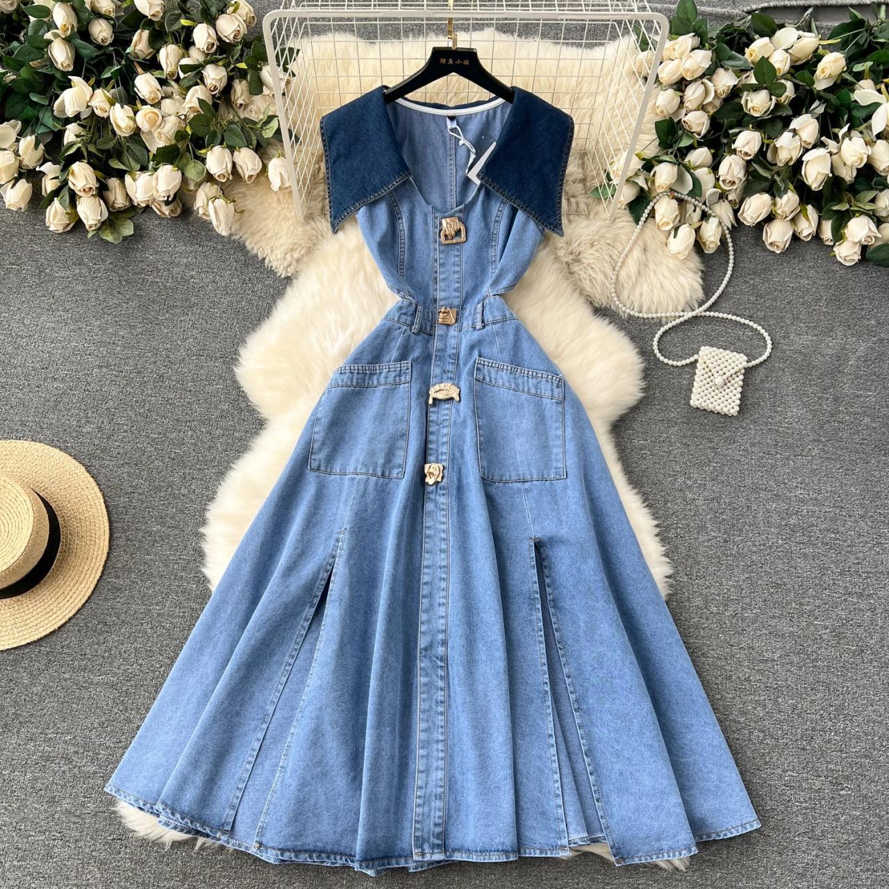 maxi dress with denim vest Button-down Black Denim Maxi Dress with Spaghetti Straps Small