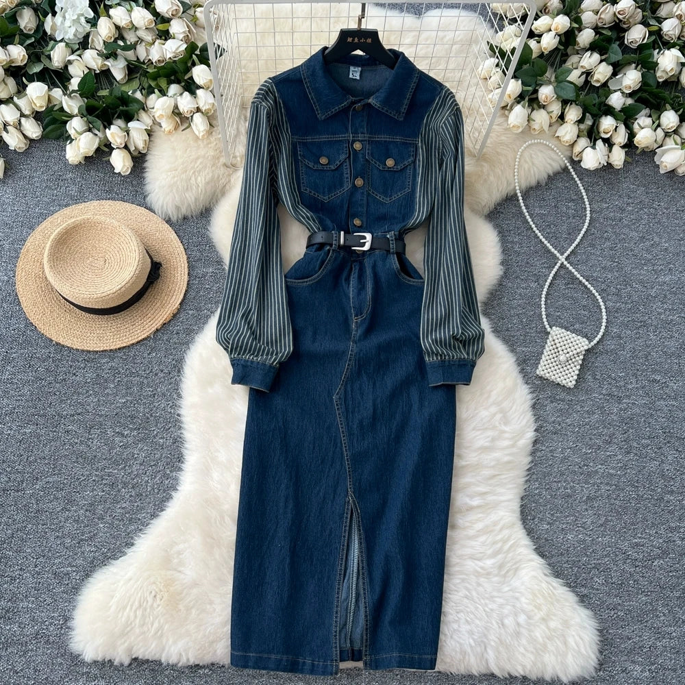 knee length dresses for ladies Light Inside Long Sleeve Midi Dress Denim Blue