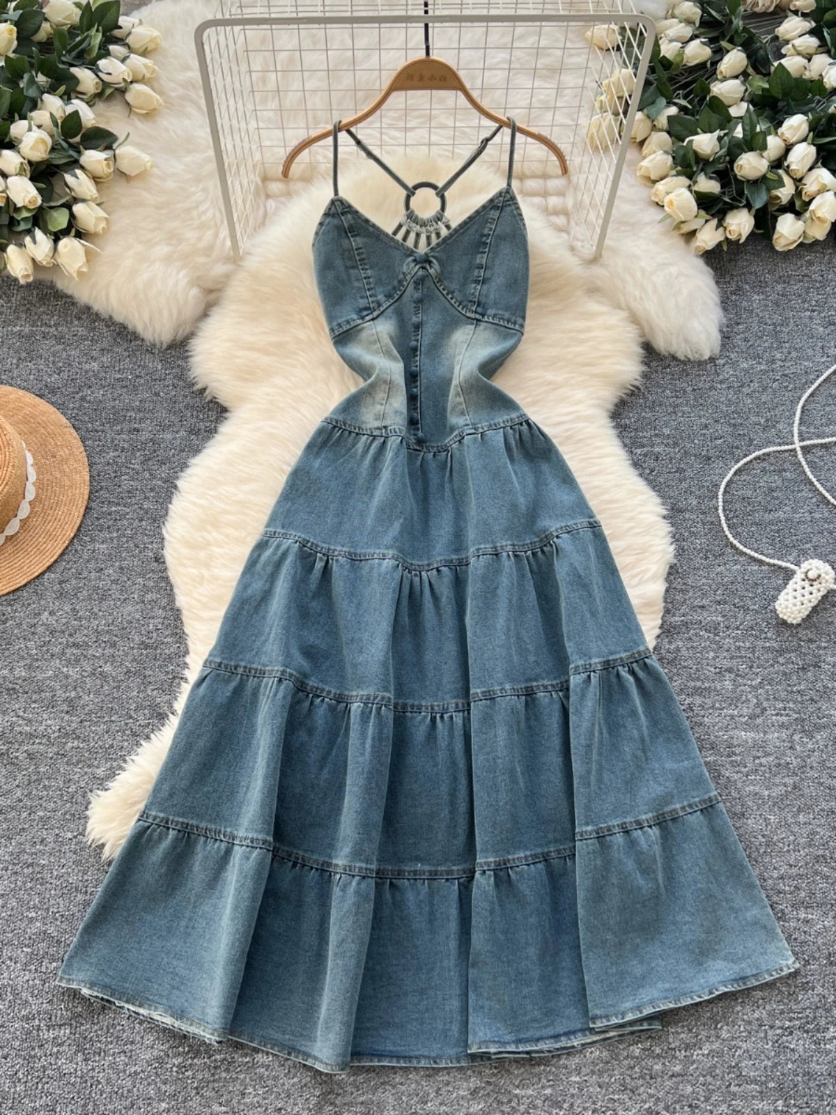 chinese dress ladies Denim Strap Maxi Dress – Lost & Found main image 1