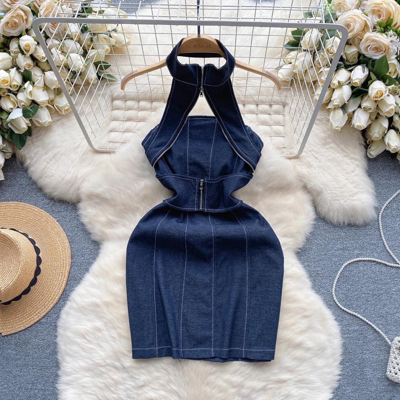 Denim Halter Dress With Zipper And Cutout Design