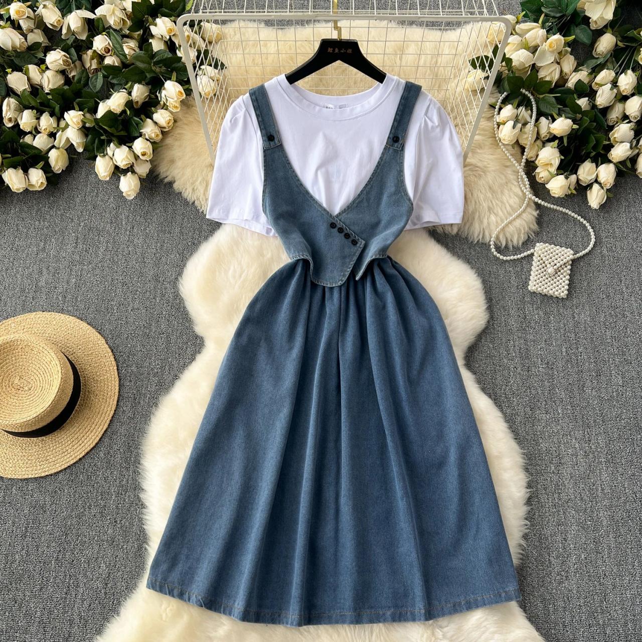 Denim Pinafore Dress with White T-Shirt Combo Denim Pinafore Dress With White T-shirt Combo on Luulla