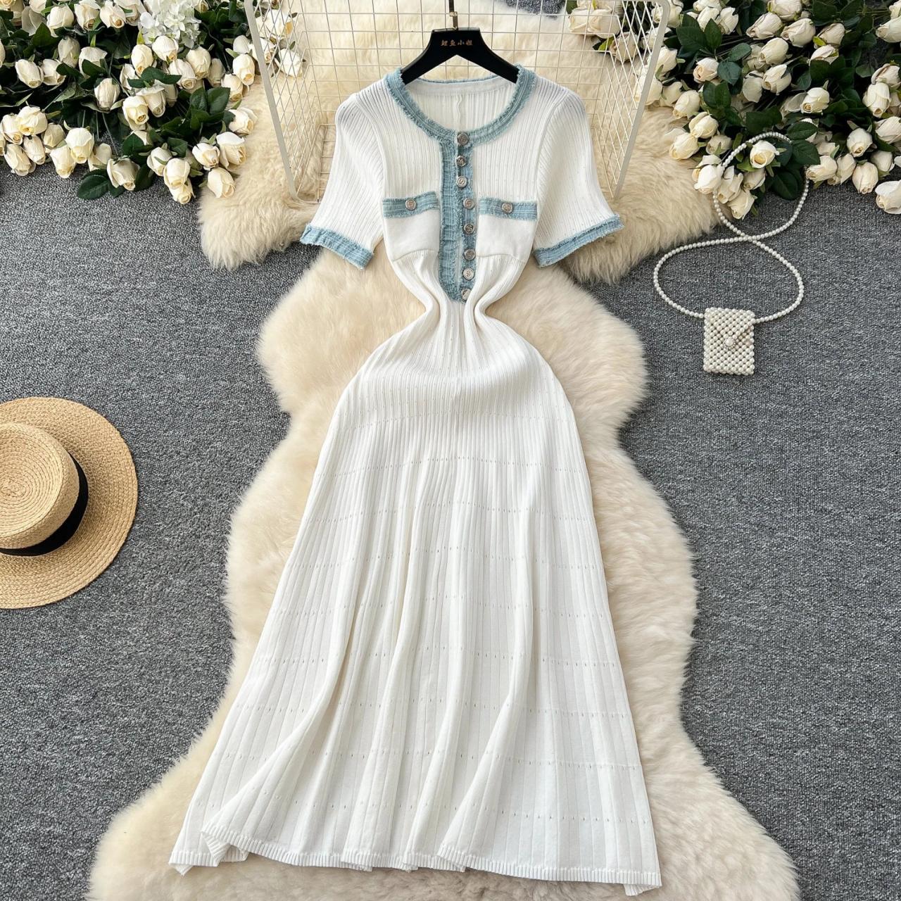 Stylish Knit Dress With Blue Trim Details