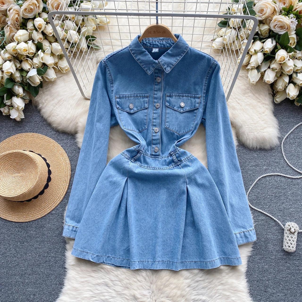 Womens Button-down Denim Long-sleeve Shirt Dress on Luulla
