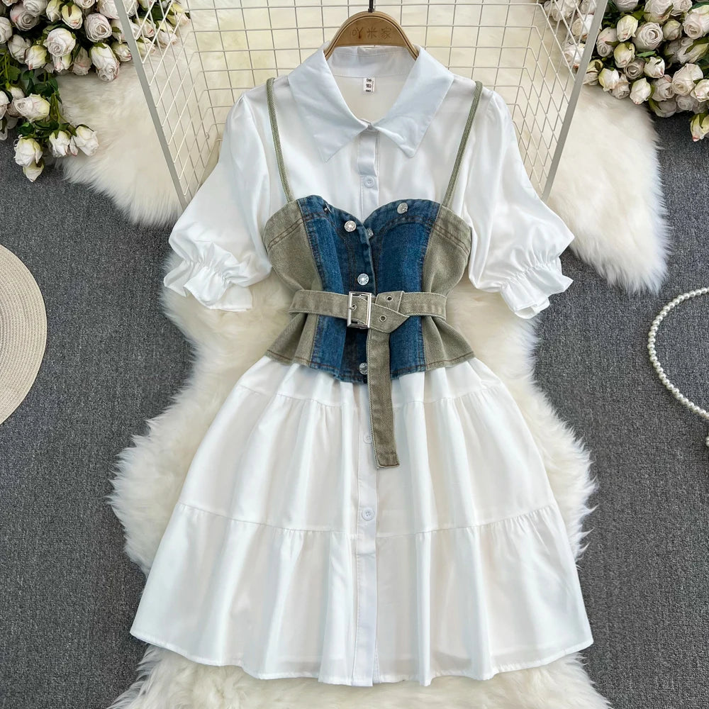 Chic Layered Denim-corset White Button Dress