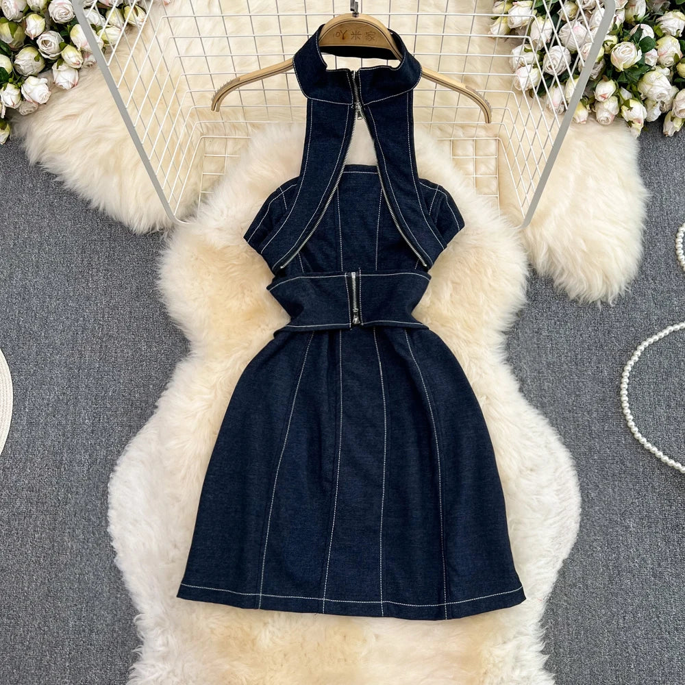 Sleeveless Black Denim Dress With Zipper Details K-pop Fashion Outfits