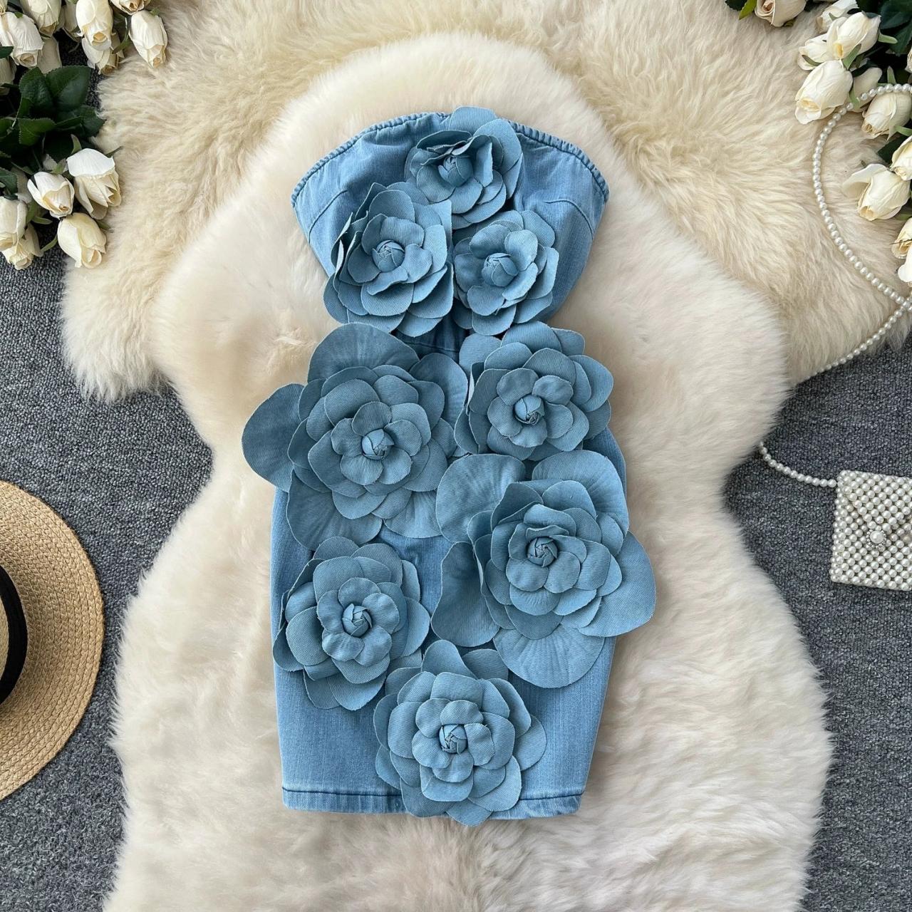 Strapless Denim Dress With 3d Floral Embellishments on Luulla