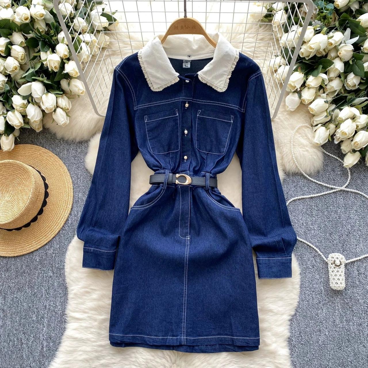 step in style denim dress Denim Dress With Belt And White Collar