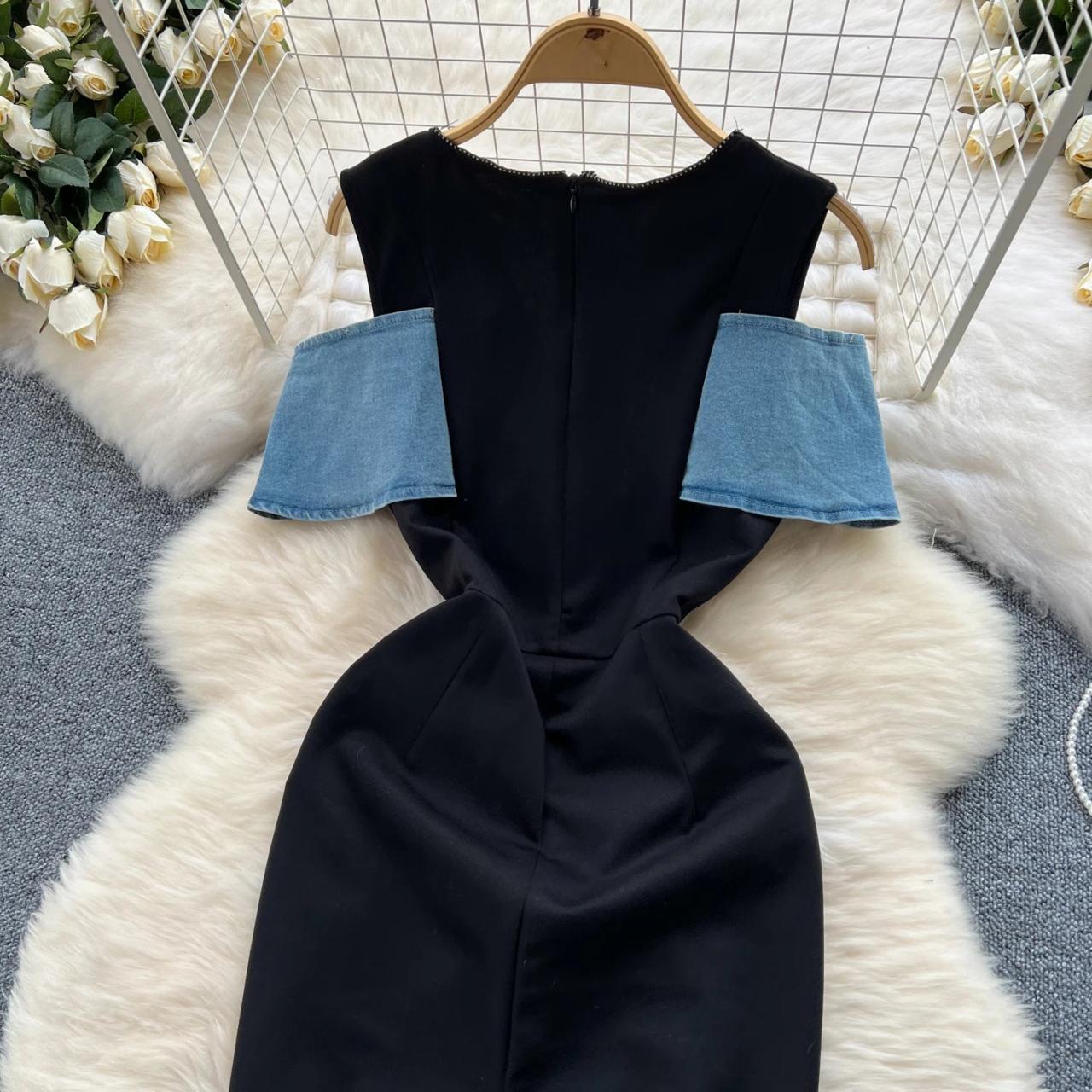 white christmas dresses Elegant Denim Large Lapel Collar, Cut Out Waist Summer Slit Long Dress