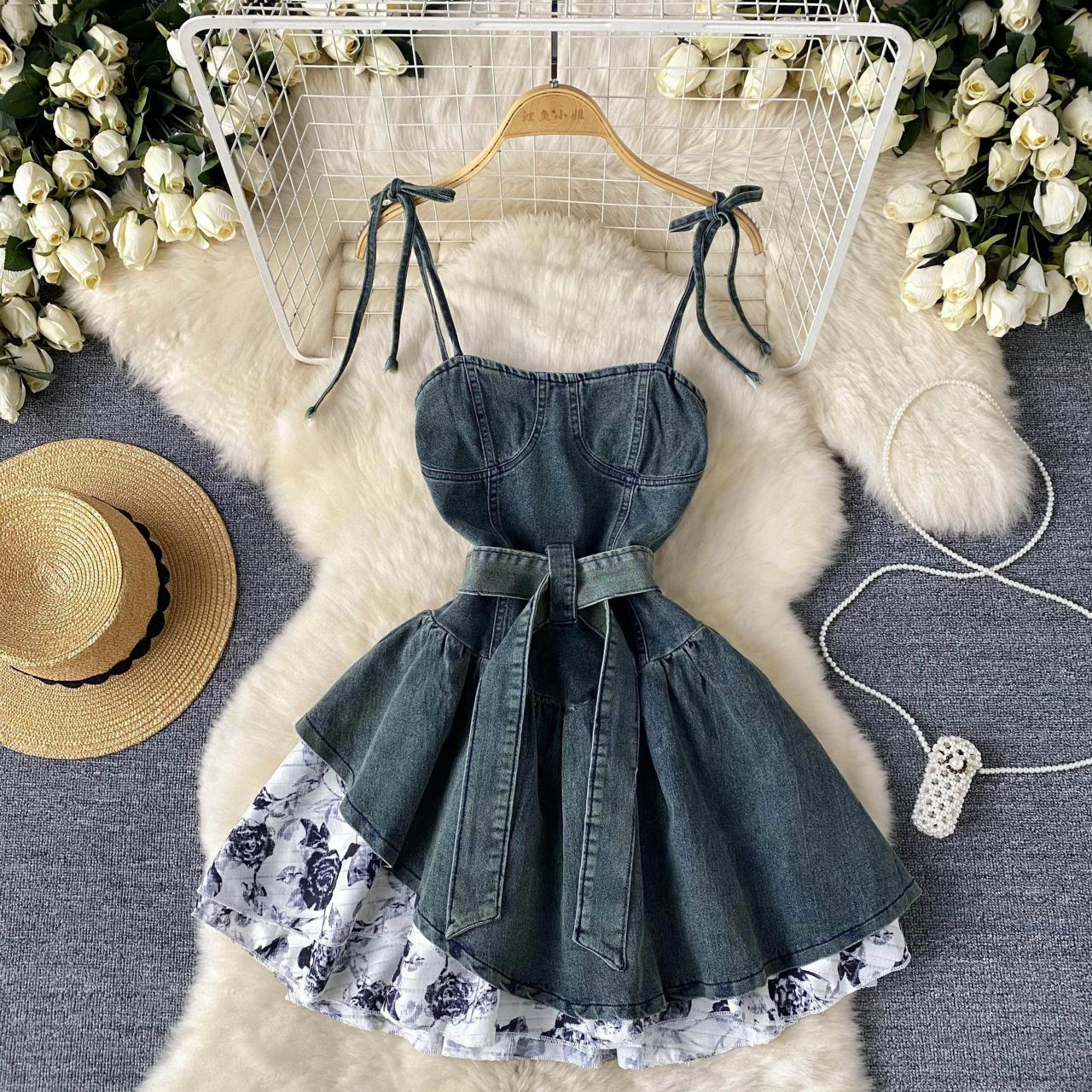 white christmas dresses Japanese Denim Dress with Pleated Sleeves and Lace Applique main image 0