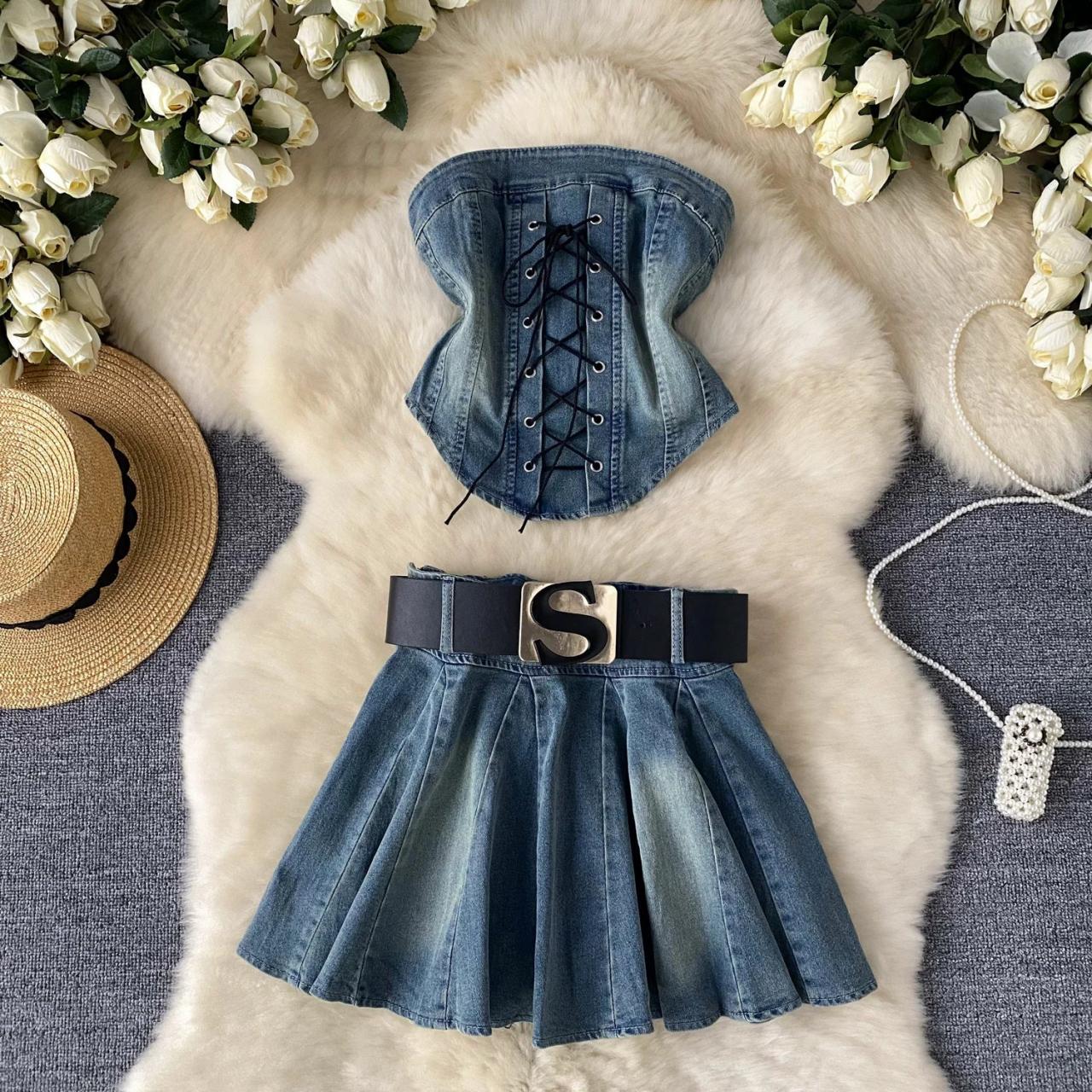 Womens Denim Corset Lace-up Skirt Outfit Combo on Luulla