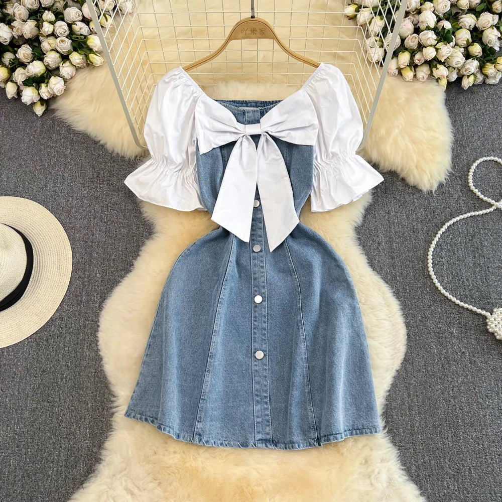 white christmas dresses Crystal Heart Denim Bow Dress main image 1