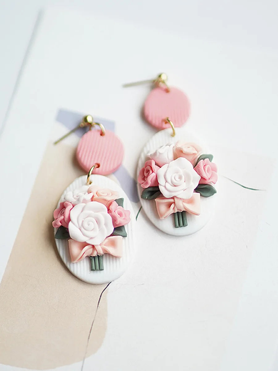 Handmade Floral Bouquet Polymer Clay Dangle Earrings