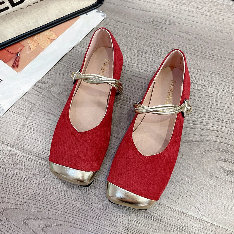 Red Square Toe Flats With Gold Straps