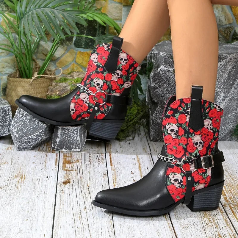 Gothic Floral Skull Print Black Combat Boots