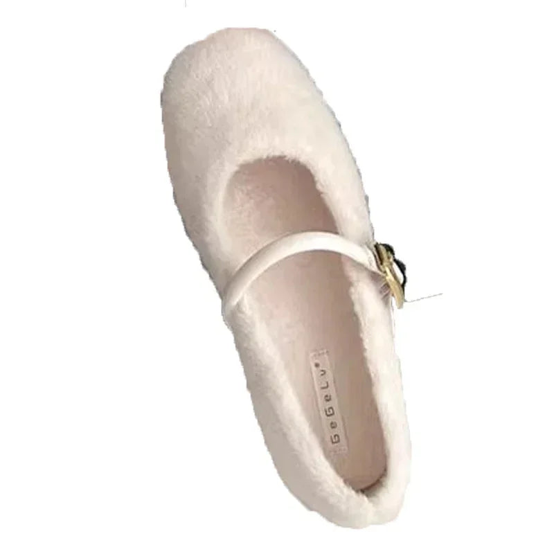Cozy Faux Fur Flats With Buckle Strap on Luulla