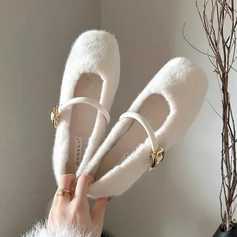 【Loulouseoul】24fw Buckle Fur Flat Shoes Cozy Furry Flats With Double Buckle Straps on Luulla