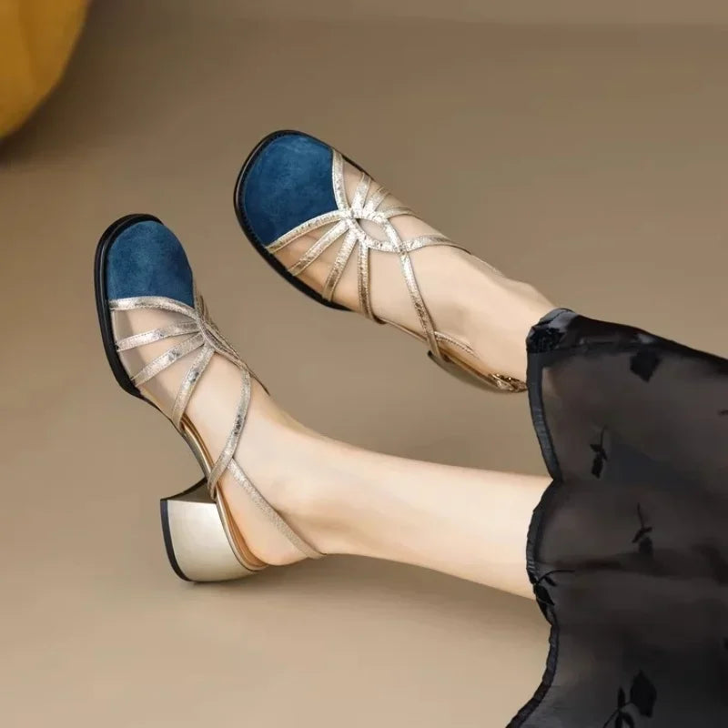 Metallic Strappy Block Heels With Blue