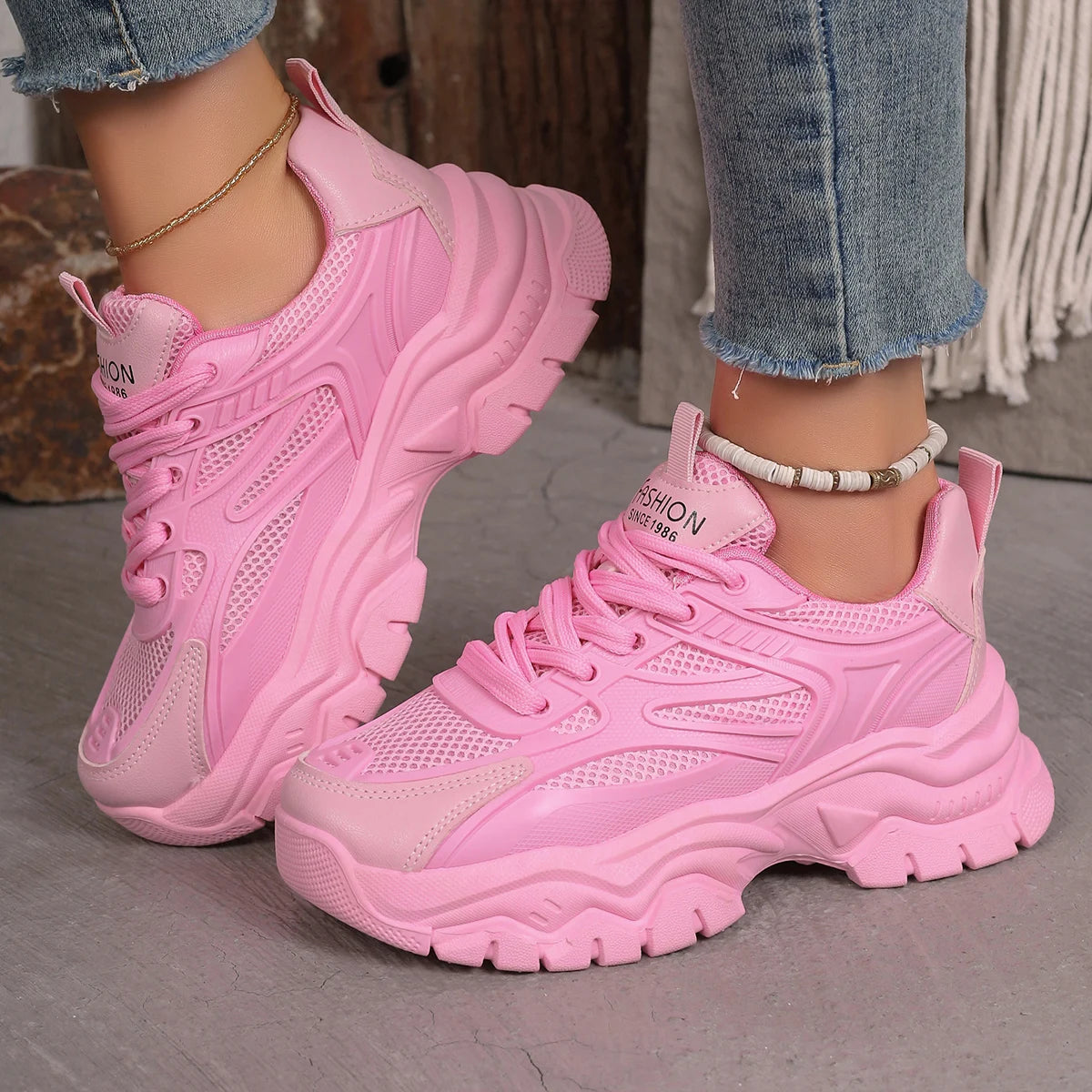 Stylish Chunky Pink Sneakers Breathable Running Shoes on Luulla