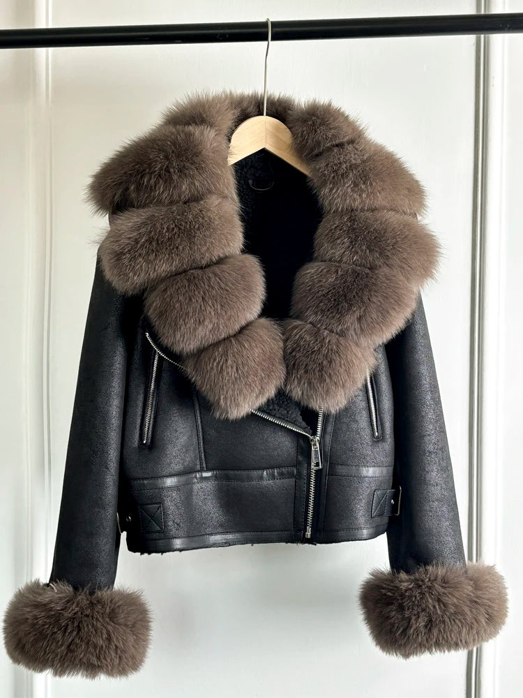 Men 100% Real Fox Fur Collar Sheepskin Leather Fur Lined Coat Jacket Outwear