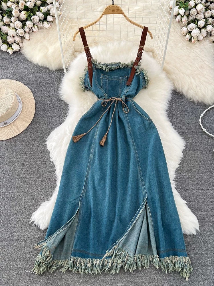 american vintage denim dress American Vintage Waist Slimming Medium-length Split Tassel A-line Denim Straps Dress