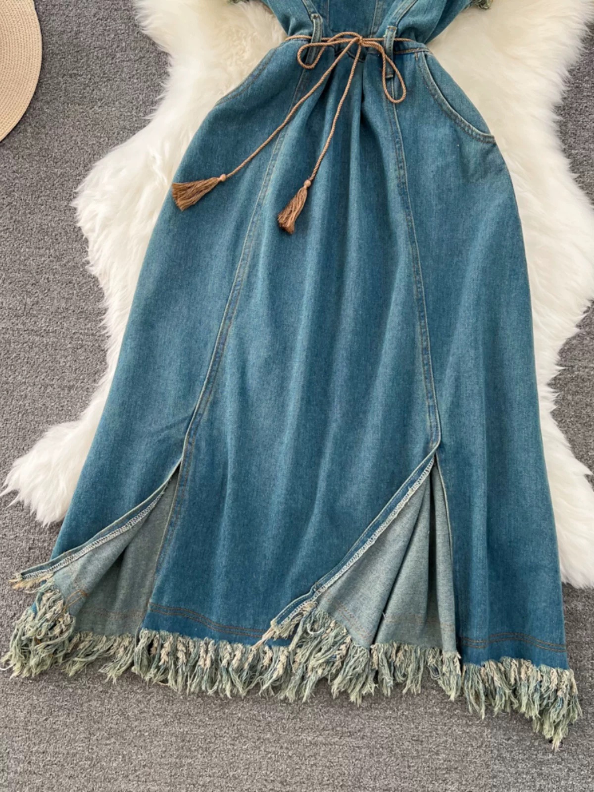 american vintage denim dress American Vintage Waist Slimming Medium-length Split Tassel A-line Denim Straps Dress